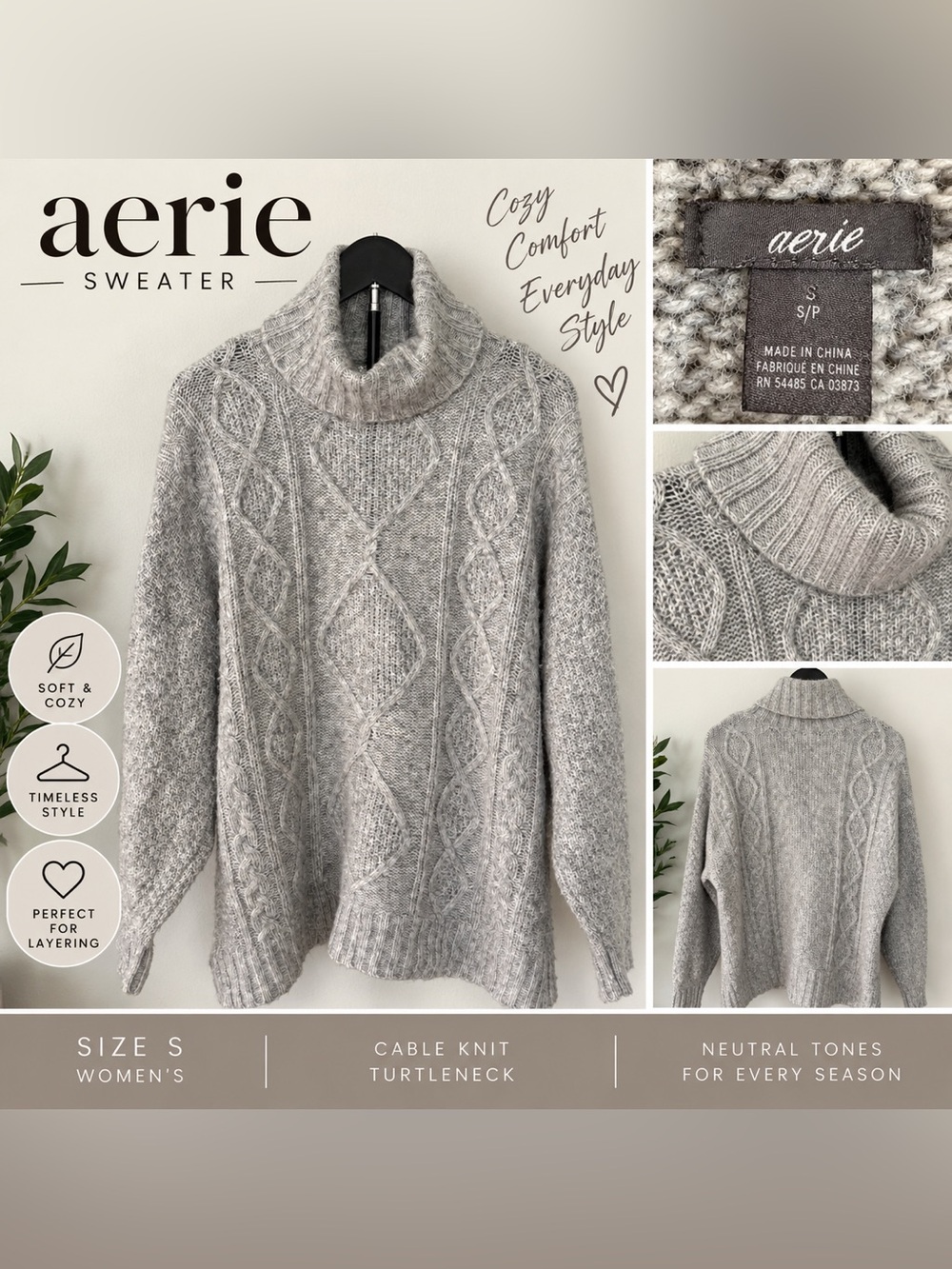aerie Heather Gray Cable Knit Turtleneck Sweater